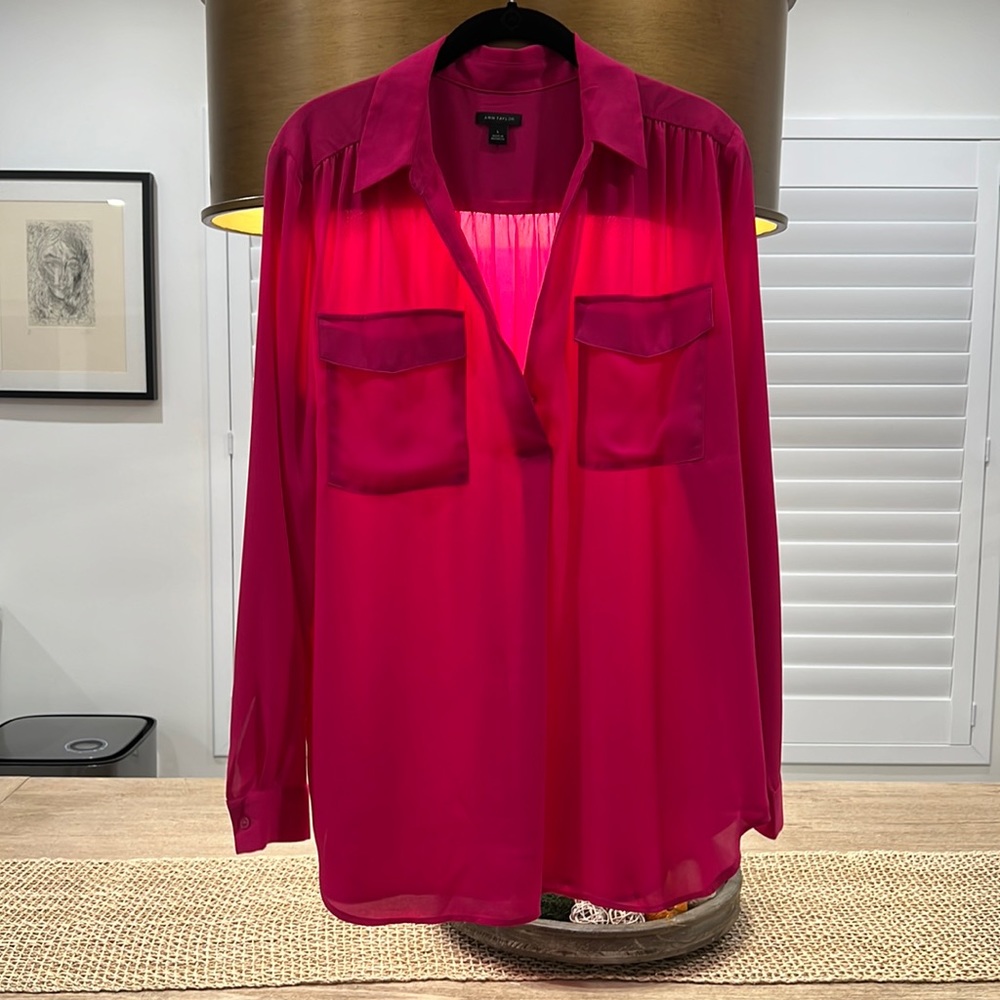 Ann Taylor Silk-Blend Pocket Blouse - Hot Pink